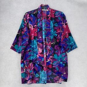 Vintage La Chemise Medium Colorful‎ Floral Kimono Art To Wear Pockets Cover Up